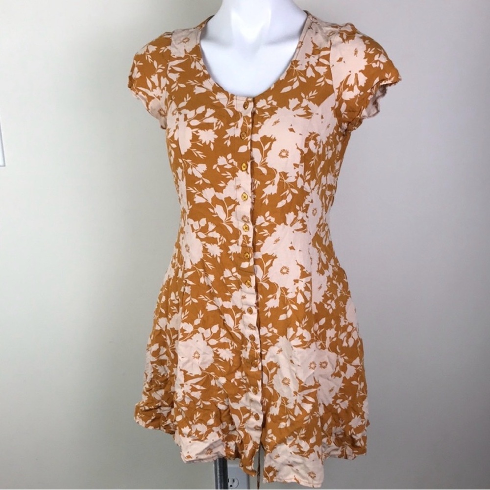 Button Front Lace Up Dress Mustard Yellow Floral